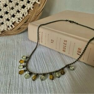 Brown Green Crystal Drop Bead Necklace Vintage “Saratoga” Bohemian Tan Cream Gra